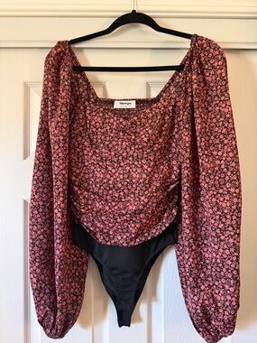 Showpo. Black and Pink Floral Long Sleeve Square Neck Bodysuit